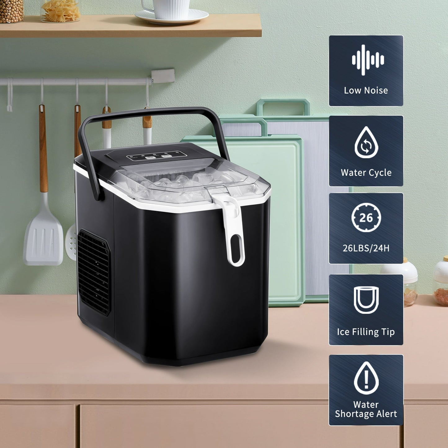 Auseo Bullet Ice Maker with Ice Basket/Scoop/Handle, Self-Cleaning, 9Pcs/6-12Min, 26Lbs/24H for Home/Office/Bar/Party, Black