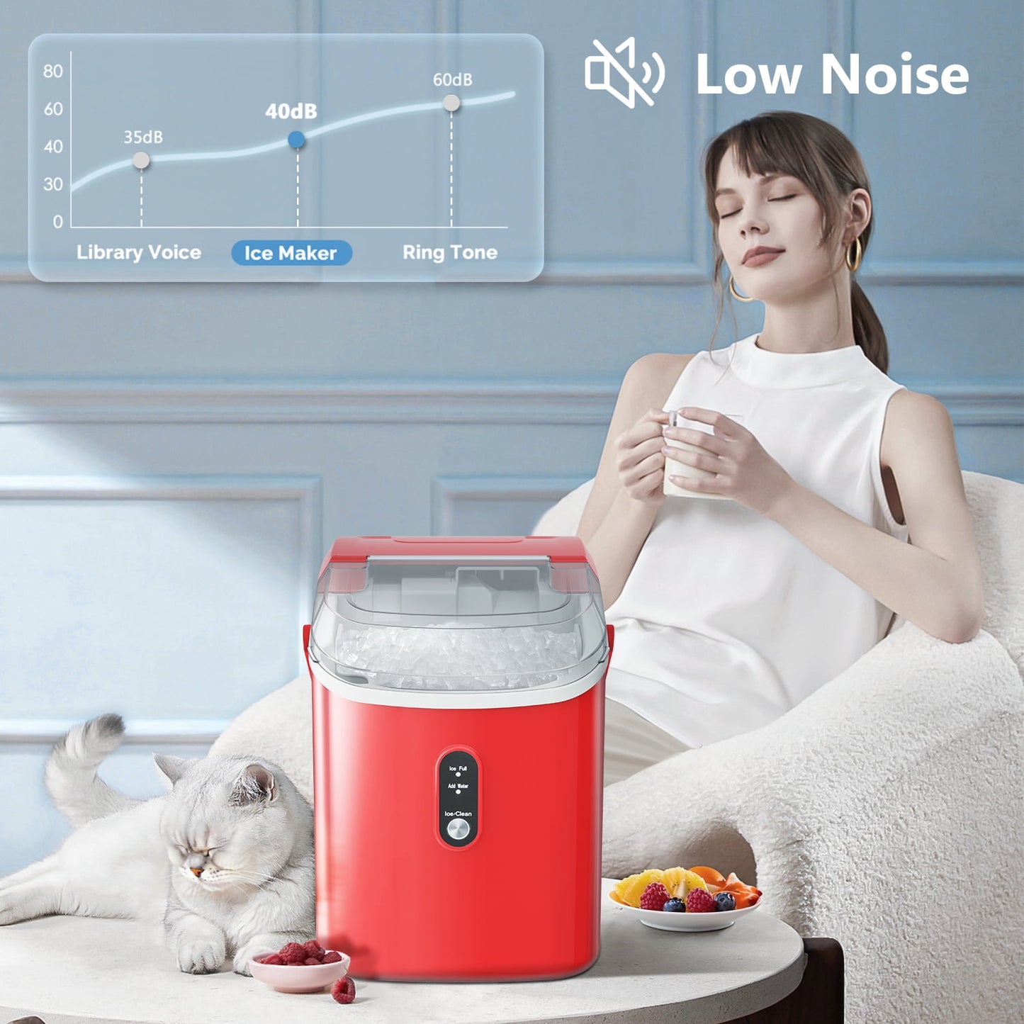 Auseo Nugget Ice Maker Countertop with Soft Chewable Pellet Ice, 35lbs/24H, Self-Cleaning, Sonic Ice Machine for Kitchen/Office/Party-RED