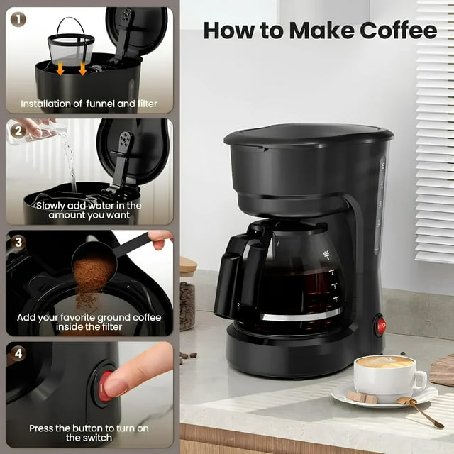Auseo 5-Cup Drip Coffee Maker, Anti-Drip, Detachable Funnel, Filter, 700W Espresso Machine with Glass Carafe, Black