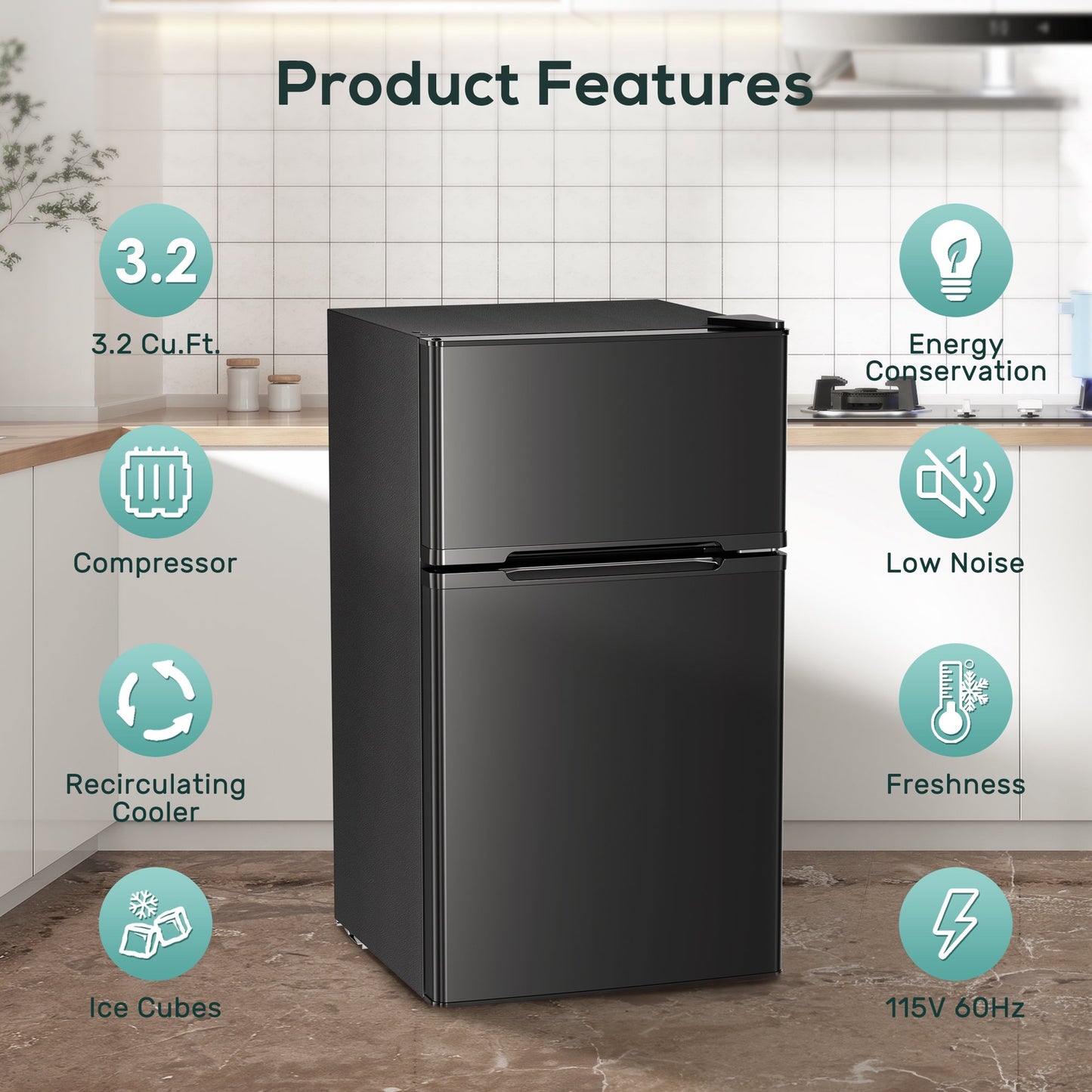 Auseo 3.1 Cu.Ft Mini Fridge 2 Door, Small Fridge 115 Volt/60 Hz, Low Noise Mini Refrigerator with Adjustable Temperature, Removable Shelves, Suitable for Home/Kitchen/Office/Dorm/Apt-Black