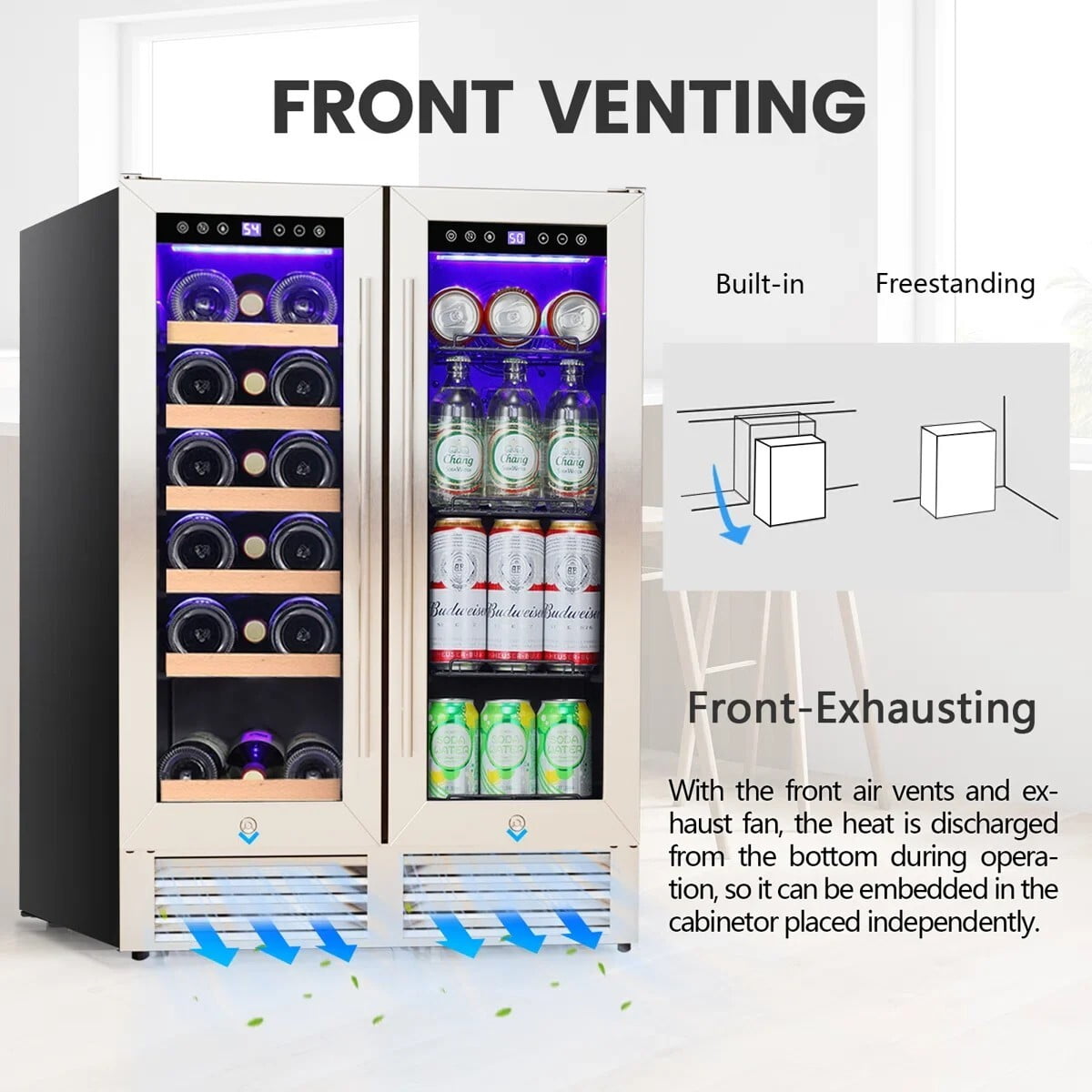 Auseo 24 inch Beverage Refrigerator, 18 Bottle 62 Can Built-In /Dual Zone Wine Fridge,Beer Cooler with Touch Control & Safety Lock for Home/Bar/Office