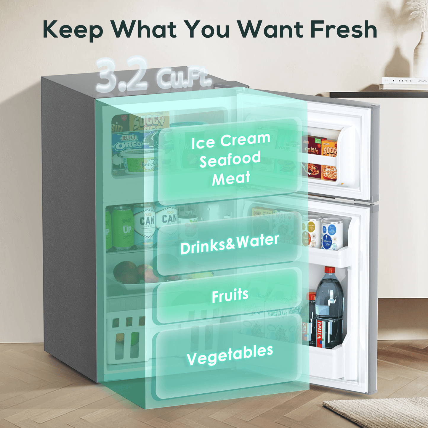 Auseo Double Door 3.2 Cu. ft Compact Refrigerator with Top Door Freezer, Freestanding Mini Fridge with Adjustable Temperature, Grey