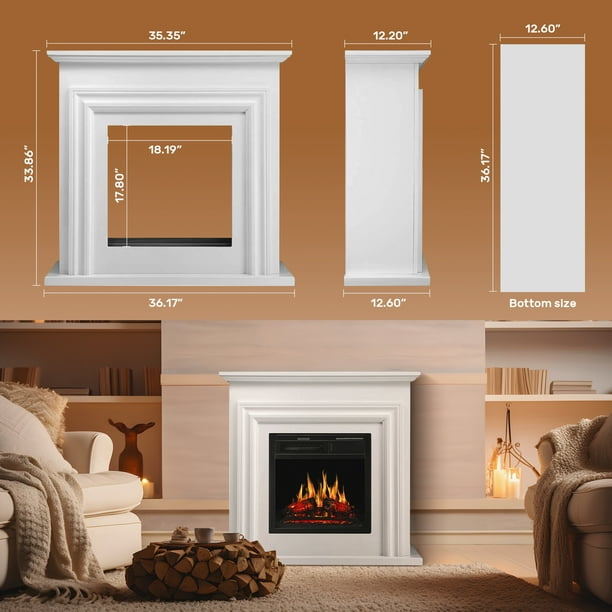 Auseo Electric Fireplace Mantel Wooden Surround Firebox, Free Standing Fireplace, with Remote Control, Adjustable LED Flame, 750W/1500W -(Pearlwhite)