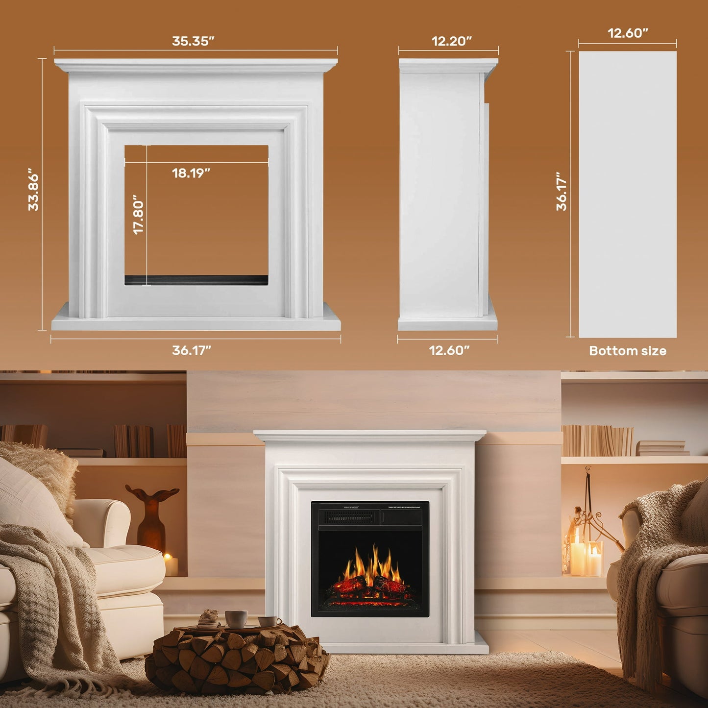 Auseo Electric Fireplace Mantel Wooden Surround Firebox, Free Standing Fireplace, with Remote Control, Adjustable LED Flame, 750W/1500W -(Pearlwhite)