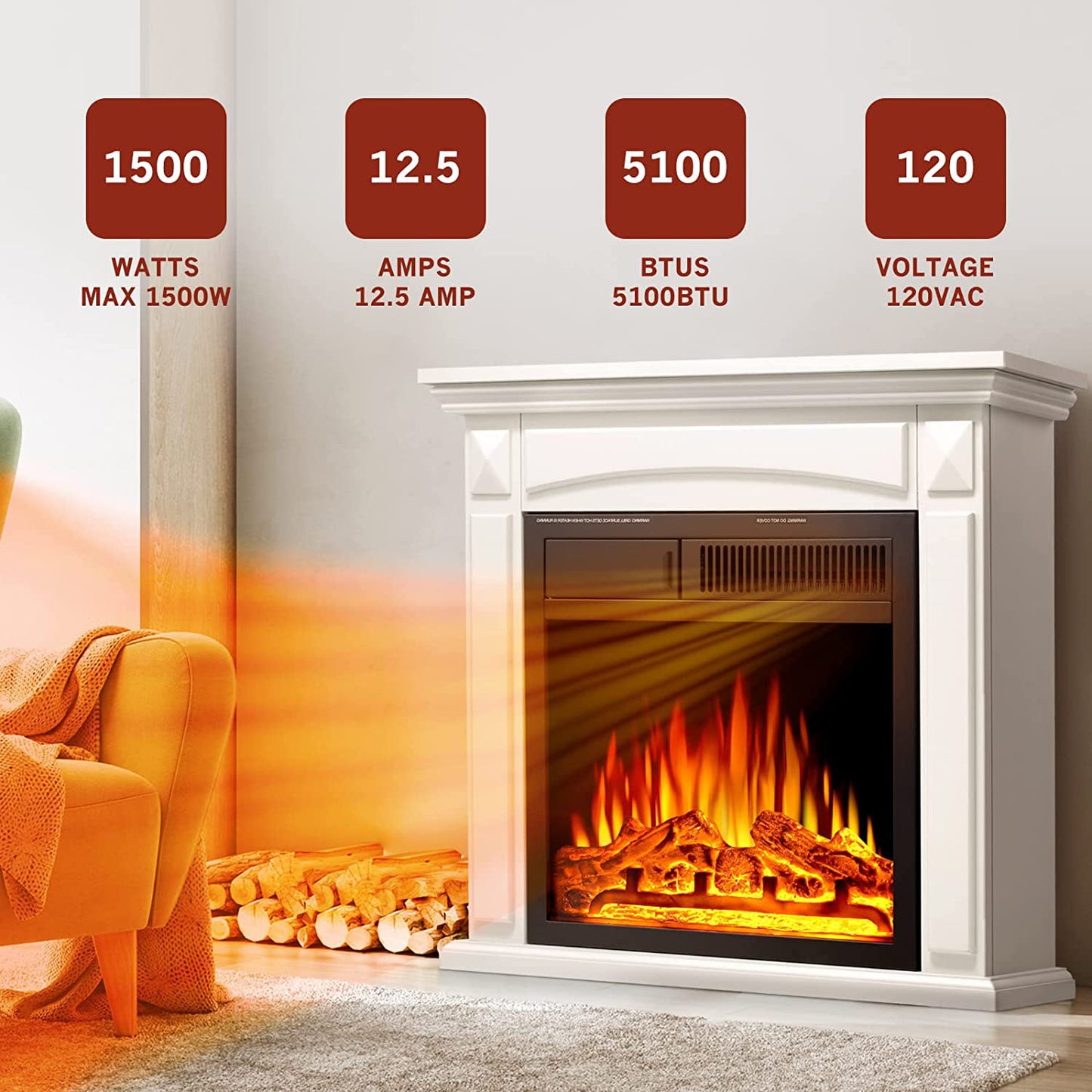 Auseo Electric Fireplace Mantel Wood Surround Firebox Freestanding Corner Fireplace Heater Infrared Quartz Heater Adjustable Led Flame, Remote Control, 750W-1501W, White