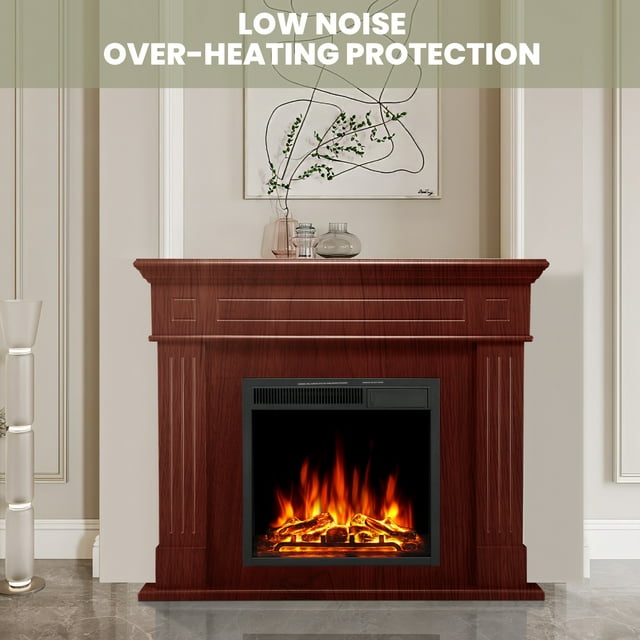 Auseo Electric Fireplace Mantel Package Wooden Surround Firebox TV Stand Free Standing Electric Fireplace Heater with Logs, Adjustable Led Flame, Remote Control, 750W-1500W, Brown