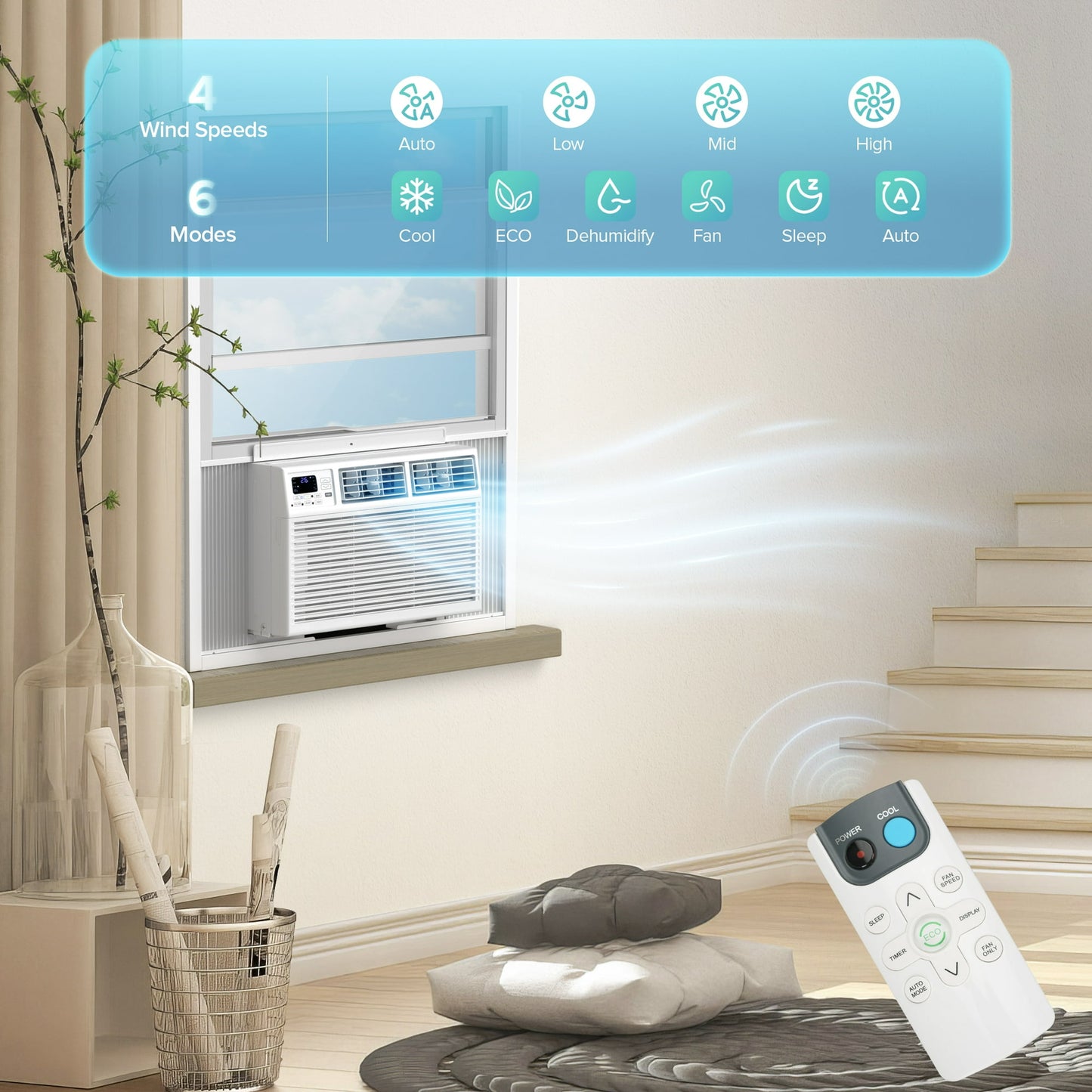 Auseo 8000 BTU Window Air Conditioner, Remote Control, 6 In 1, 350 Sq. Ft