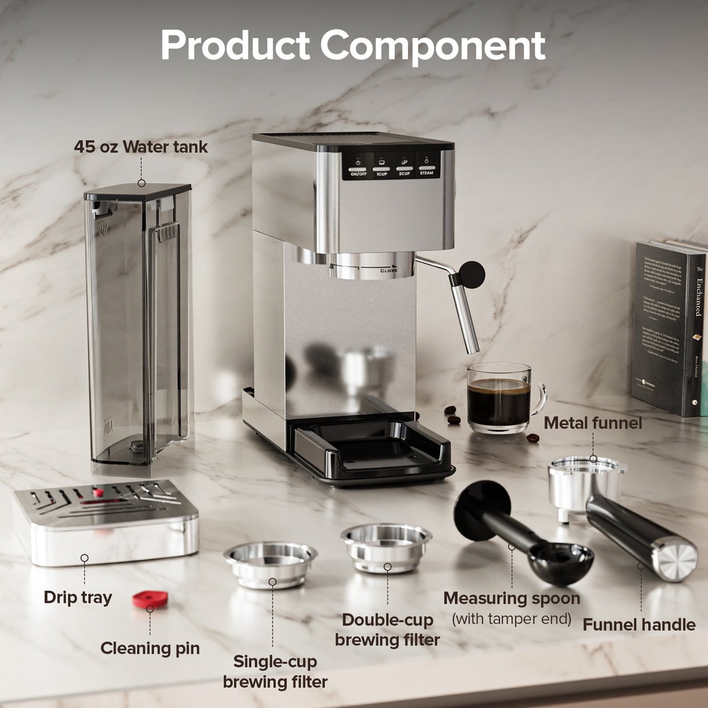 Auseo 20 Bar Espresso Machine with Milk Frother Steam Wand & 40oz Removable Water Tank, for Latte, cappuccino, Stainless Steel