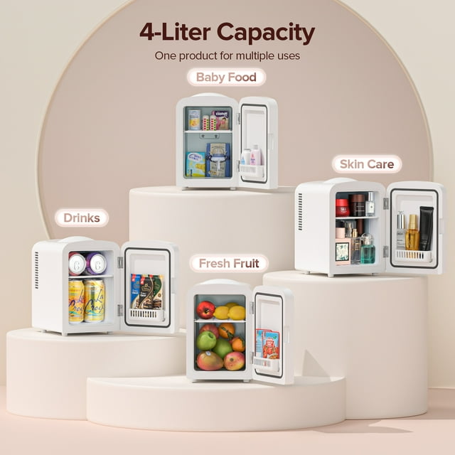 Auseo Mini Fridge Cooler Personal, Countertop, Portable 4L/6 Can Electric Plug In Cooler & Warmer for Food, Drinks, Skincare Beauty & Makeup, Stainless Steel, 12V AC/DC, Elegant White