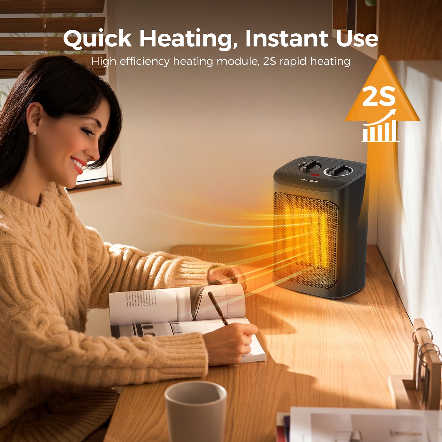Auseo Space Heater, 750W/1500W, Ceramic Small Fan Heater for Indoor Use, 2S Rapid Heating, Multiple Safety Protection, Black