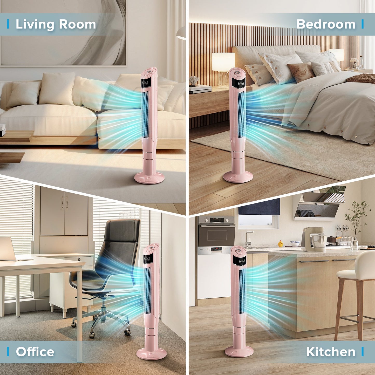 Auseo Tower Fan with Oscillation, Remote Control and LED Display, 3 Powerful Wind Modes, up to 24 H Timer Bladeless Standing Fan, Portable Fan for Children, Home, Dormitory or Office-Pink