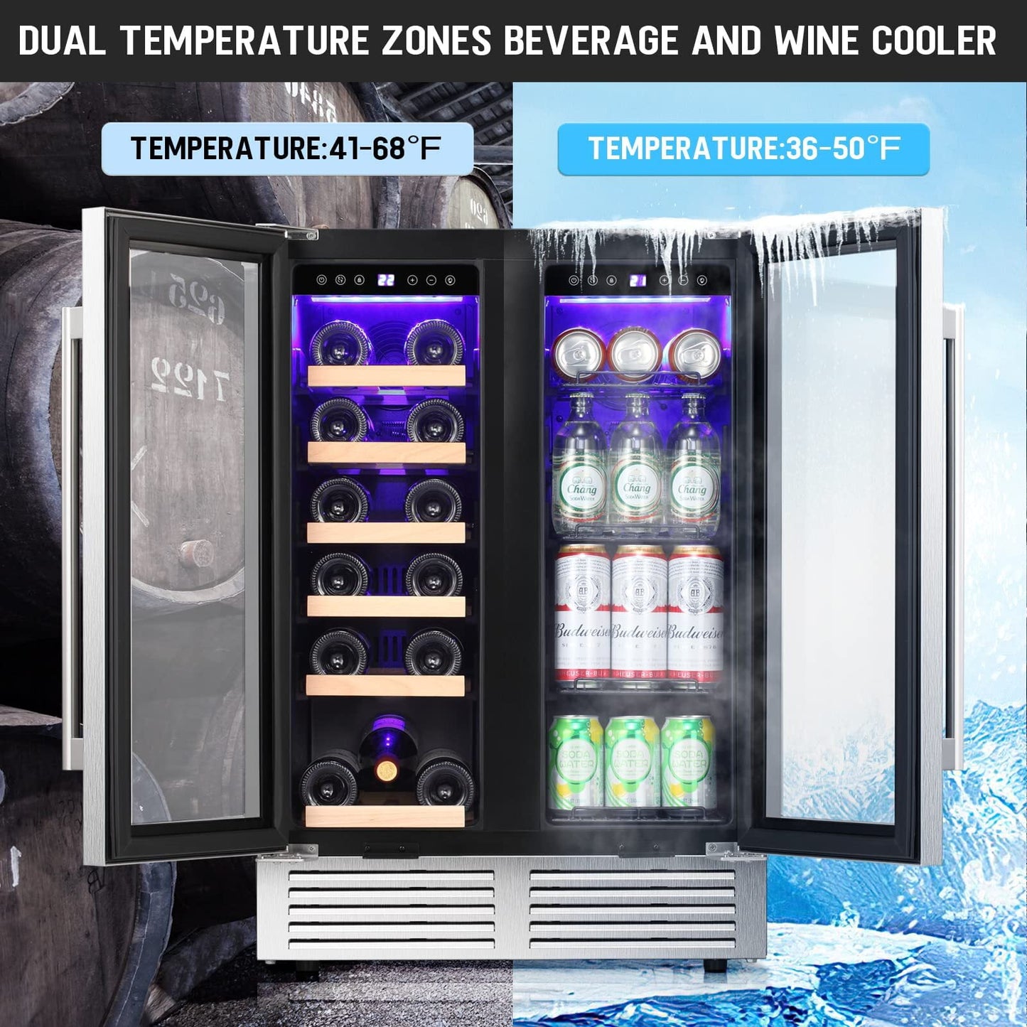 Auseo 24 inch Beverage Refrigerator, 18 Bottle 62 Can Built-In /Dual Zone Wine Fridge,Beer Cooler with Touch Control & Safety Lock for Home/Bar/Office