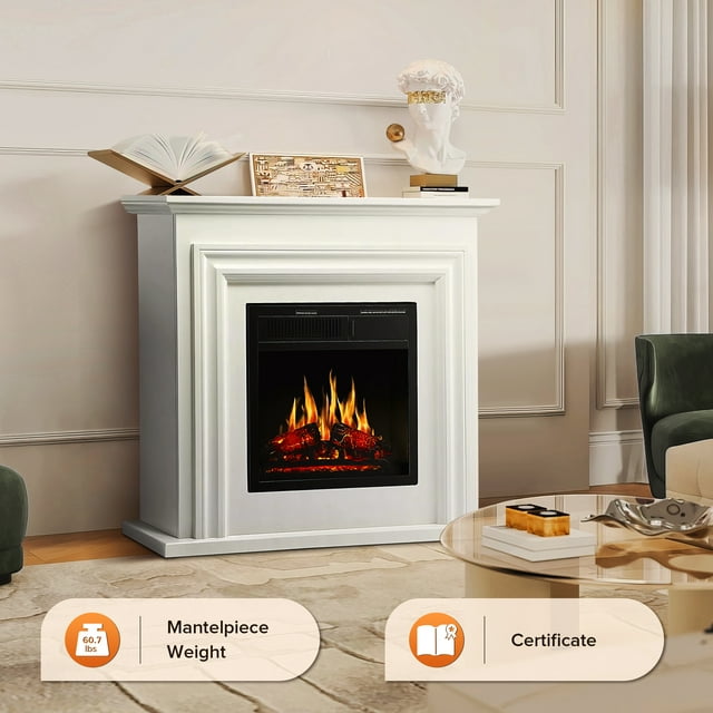 Auseo Electric Fireplace Mantel Wooden Surround Firebox, Free Standing Fireplace, with Remote Control, Adjustable LED Flame, 750W/1500W -(White)
