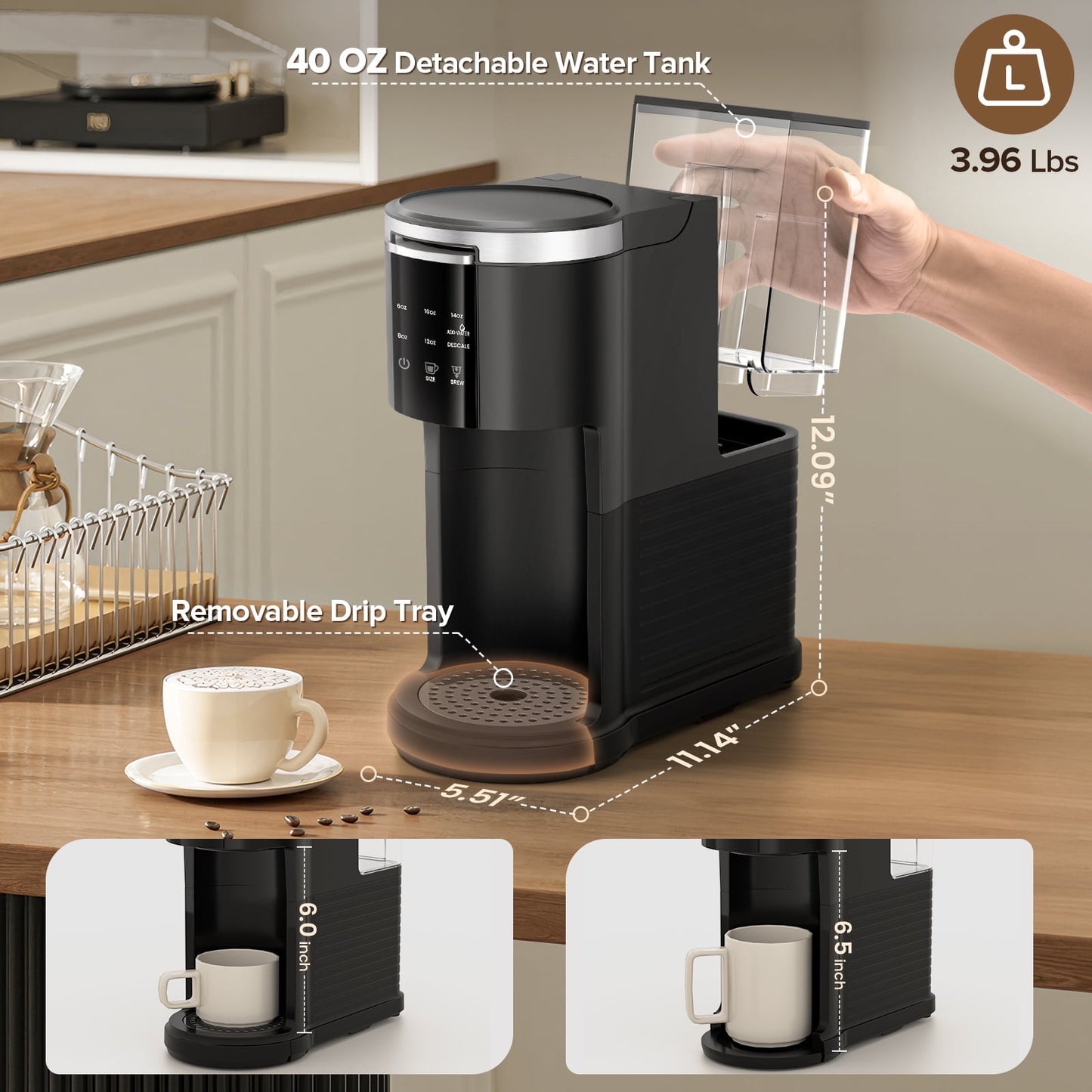 Auseo 2.0 1200W Single Serve Coffee Maker for K-Cup Pod and Ground Coffee Compatibility, Fast Heating, 40oz Removable Water Reservoir, Black for Home/Office/RV