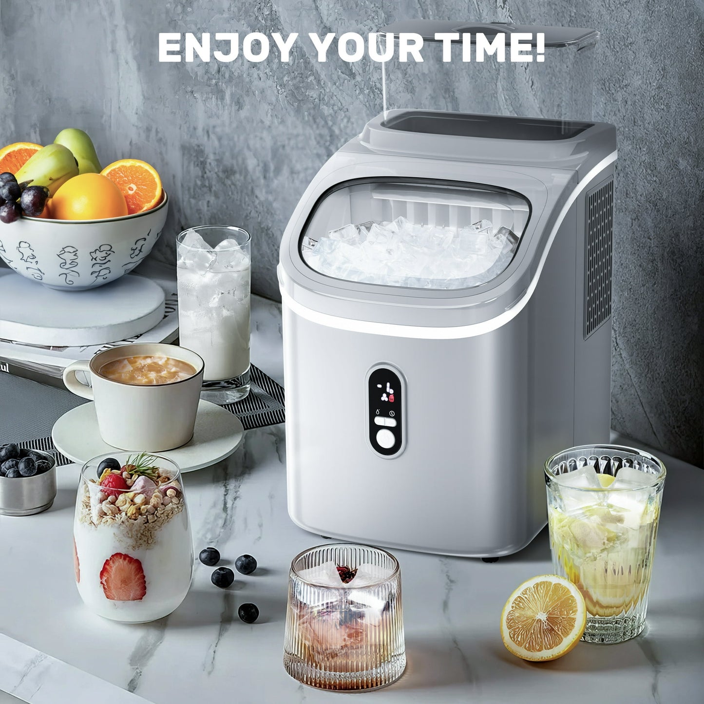 Auseo 45lbs/24H Ice Maker Countertop, 1.5+0.5L Large Water Tank, Cube Ice, Self-Cleaning, 24H Timer, Customizable Ice Making Time, Grey