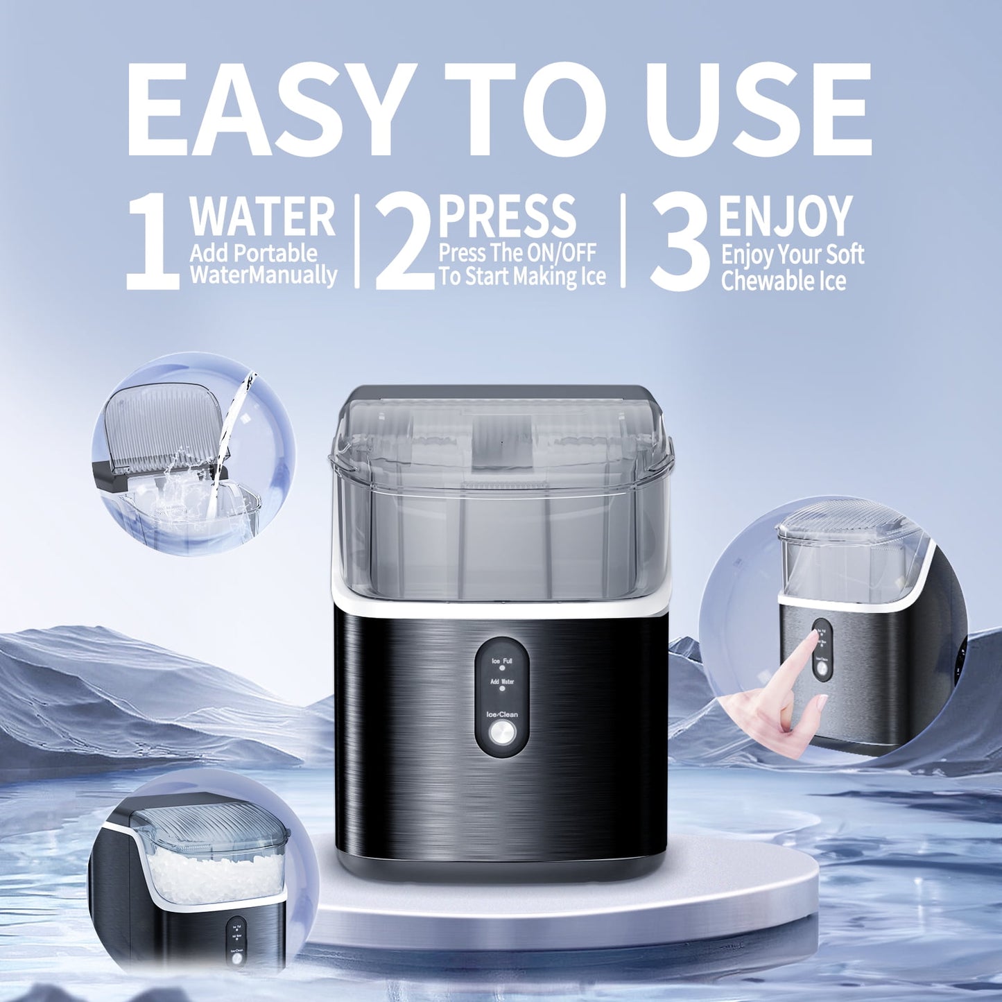 Auseo Nugget Ice Maker Countertop, Portable Ice Maker Machine with Self-Cleaning Function, 35lbs/24H, Easy Operation, Pellet Ice Maker for Home/Kitchen/Office/Party-Black