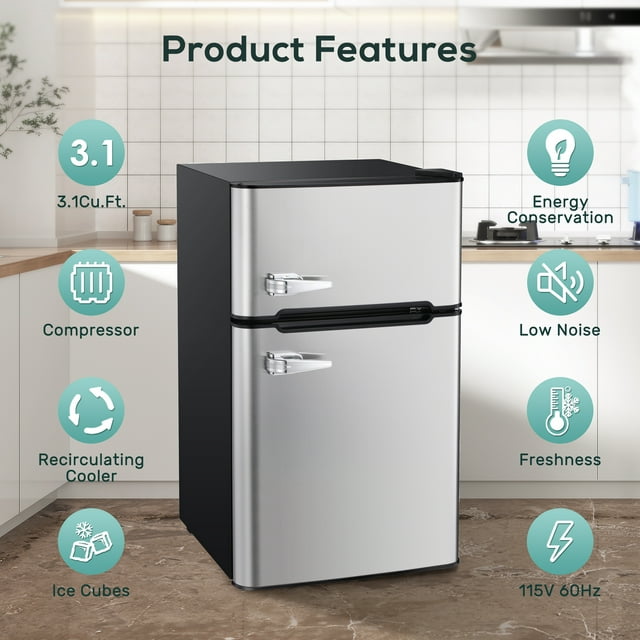 Auseo Double Door 3.2 Cu. ft Compact Refrigerator with Top Door Freezer, Freestanding Mini Fridge with Adjustable Temperature, Upright Freezer, Silver