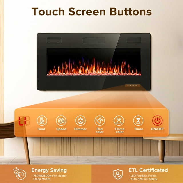 Auseo 36 inch Embedded Wall Mounted Indoor Electric Fireplace, Ultra-thin Low Noise Lightweight LED Fireplace Heater, Touch Screen, Timer, 1500W, Adjustable Flame Color and Speed, Black