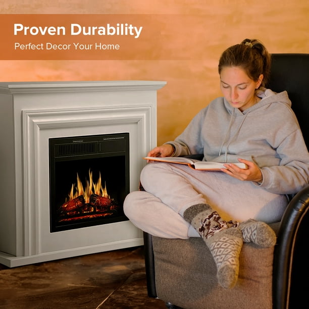 Auseo Electric Fireplace Mantel Wooden Surround Firebox, Free Standing Fireplace, with Remote Control, Adjustable LED Flame, 750W/1500W -(Pearlwhite)