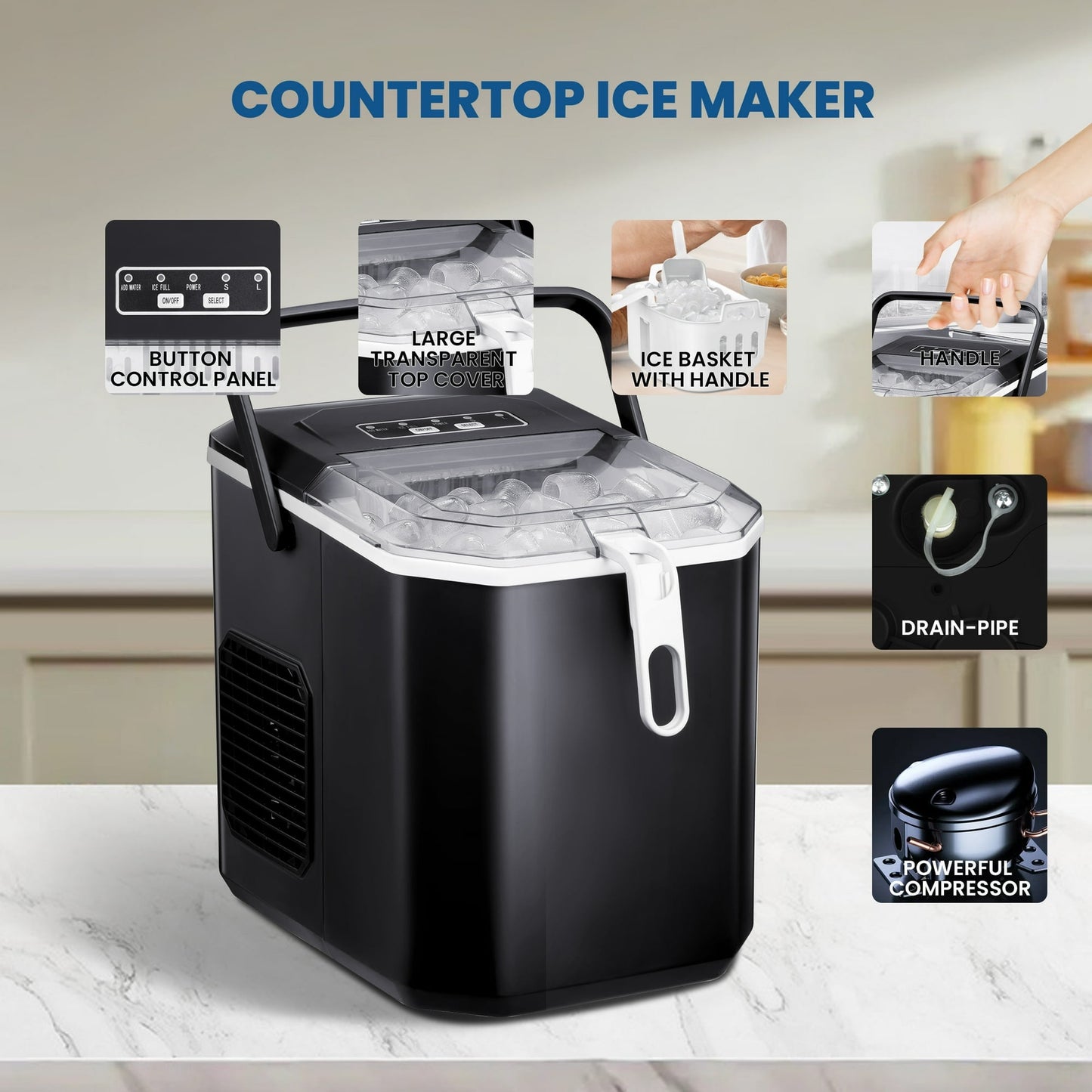 Auseo Bullet Ice Maker with Ice Basket/Scoop/Handle, Self-Cleaning, 9Pcs/6-12Min, 26Lbs/24H for Home/Office/Bar/Party, Black
