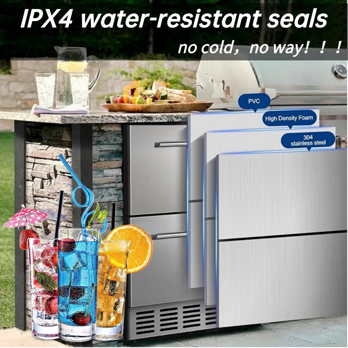 Auseo 24 inch Built-In Dual Drawer Refrigerator Commercial Undercounter Freezerless Cooler with Weather-Resistant Stainless Frame Space-Saving Appliance for Kitchen, Bar, Outdoor Use