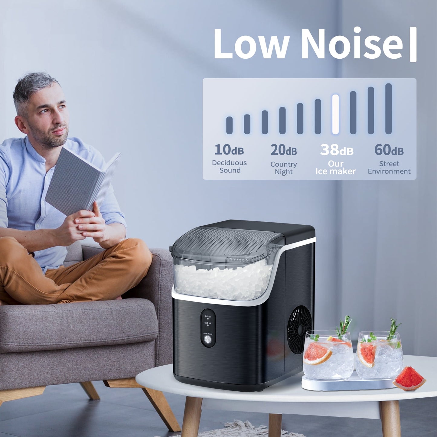 Auseo Nugget Ice Maker, 35lbs/24H with Self-Cleaning Function, Portable Sonic Ice Machine for Home/Office, Stainless Steel Black