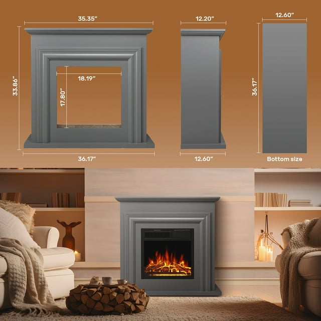 Auseo Electric Fireplace Mantel Wooden Surround Firebox, Free Standing Fireplace, with Remote Control, Adjustable LED Flame, 750W/1500W -(Grey)