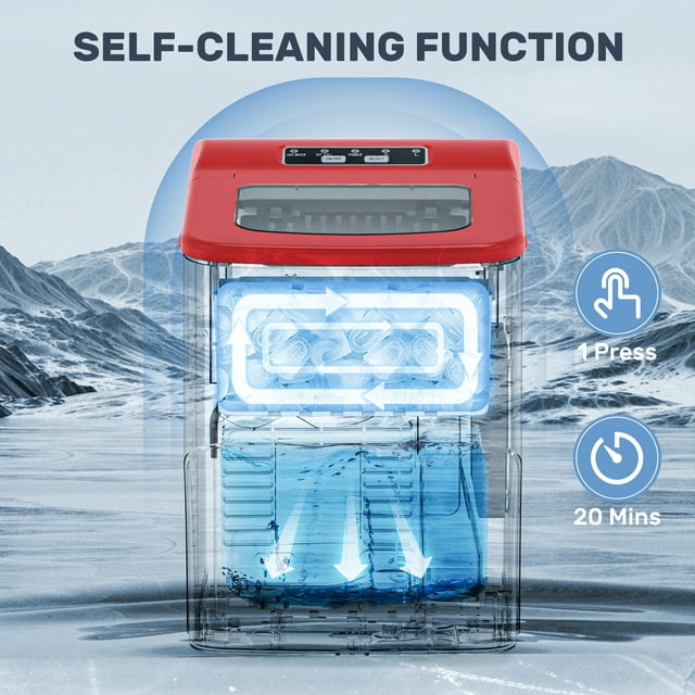 Auseo Ice Makers Countertop, Ice Machine with Handle, 26lbs/24H, 9 Cubes Ready in 6 Mins, Self-Cleaning Portable Ice Maker, for Party/Home/Office - (Red)