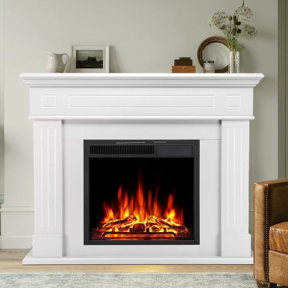 Auseo Electric Fireplace Mantel Package Wooden Surround Firebox Electric Fireplace Heater with Logs, Adjustable Led Flame, Remote Control for Room, 750W-1500W, Pearlwhite