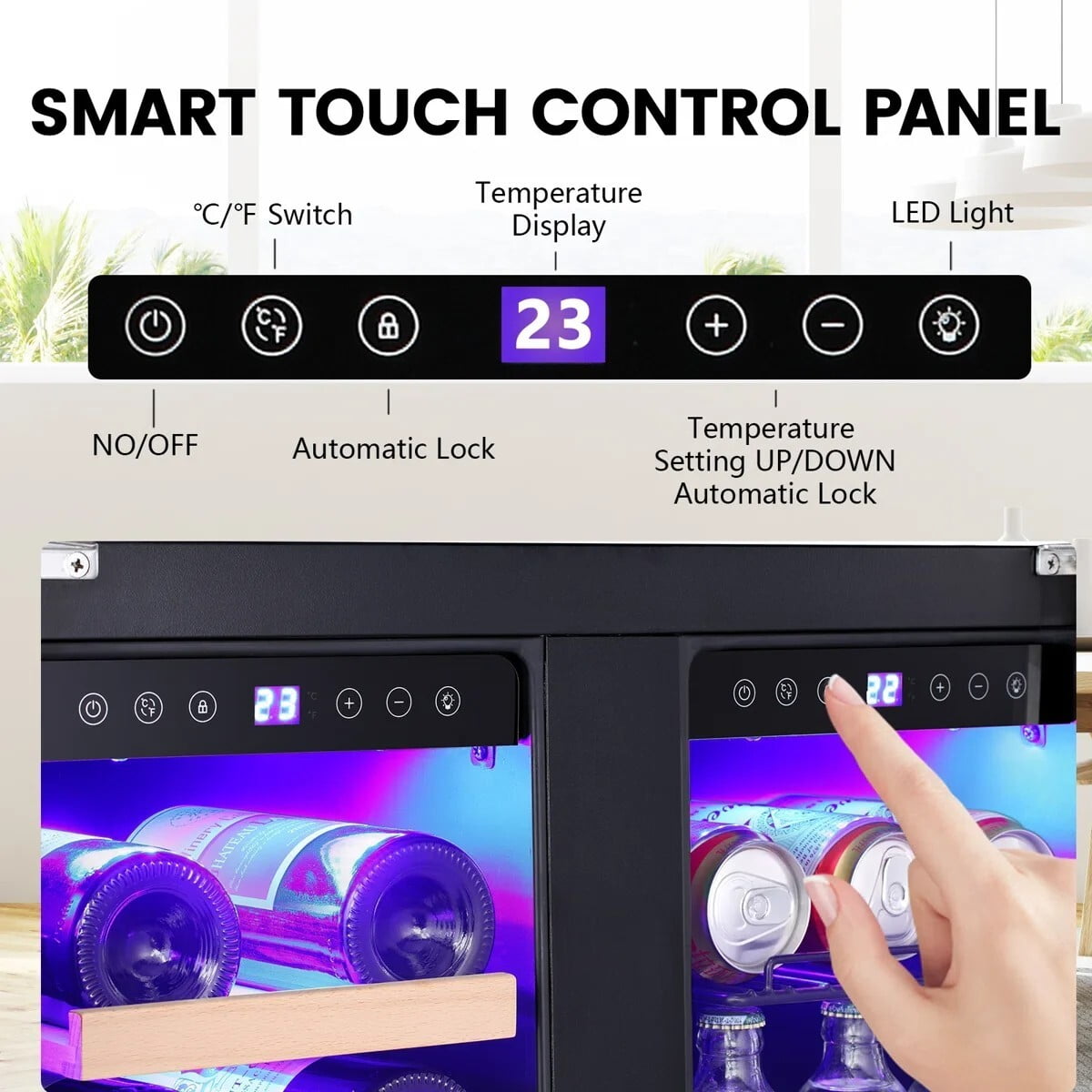 Auseo 24 inch Beverage Refrigerator, 18 Bottle 62 Can Built-In /Dual Zone Wine Fridge,Beer Cooler with Touch Control & Safety Lock for Home/Bar/Office