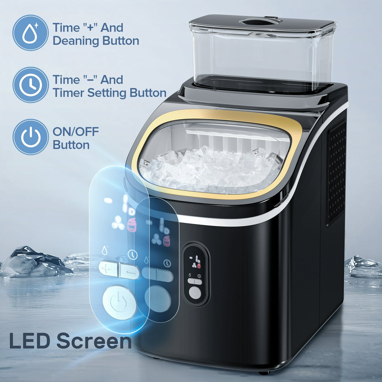 Auseo 45lbs/24H Ice Maker Countertop, 1.5+0.5L Large Water Tank, Cube Ice, Self-Cleaning, 24H Timer, Customizable Ice Making Time, Black