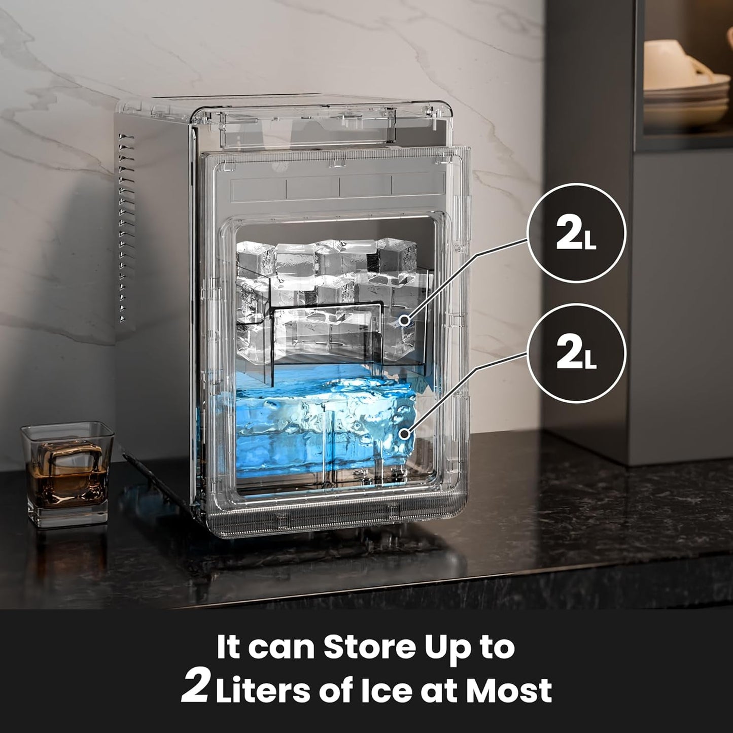 Auseo Clear Cubic Ice Makers,9 Crystal Clear 1.6" Ice Cubes per Hour,Quiet Countertop Ice Maker with Self-Cleaning,for Cocktails, Whiskey,24h Timer,ETL Listed