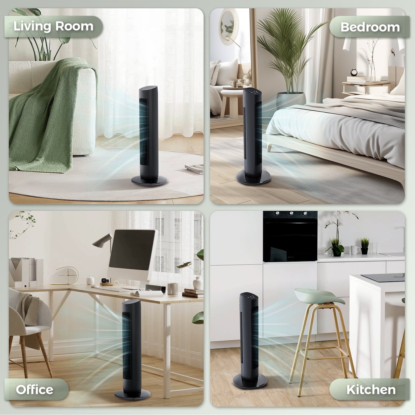 Auseo 30" Portable Tower Fan for Bedroom, 360° Oscillating Fans with 8 Speeds, 24H Timer, Normal/Natural/Sleep 3 Fan Modes, Freestanding Tower Fans, Black