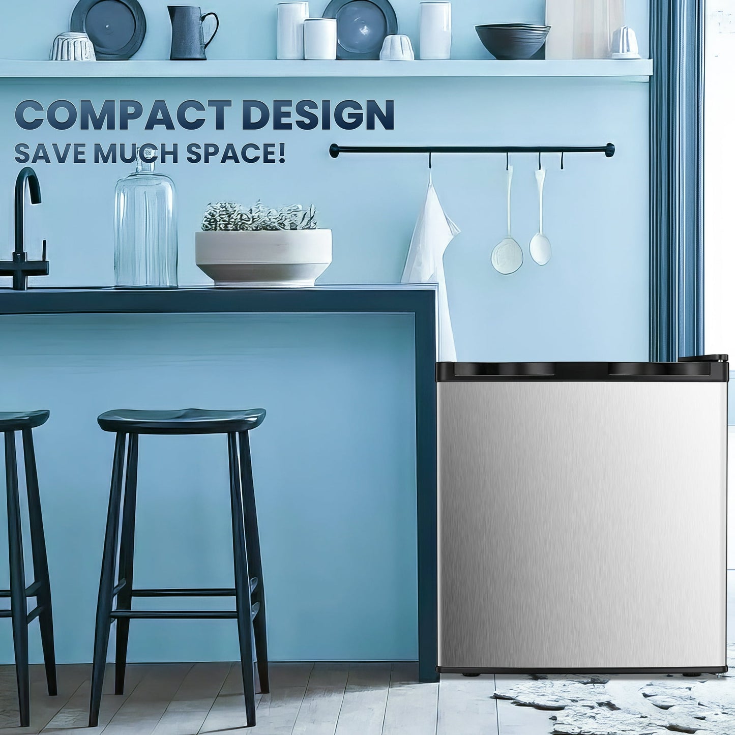 Auseo 1.1 Cu.ft Compact Upright Freezer with Reversible Single Door, Removable Shelves Free Standing Mini Freezer with Adjustable Thermostat for Home/Kitchen/Office-Silver&Black