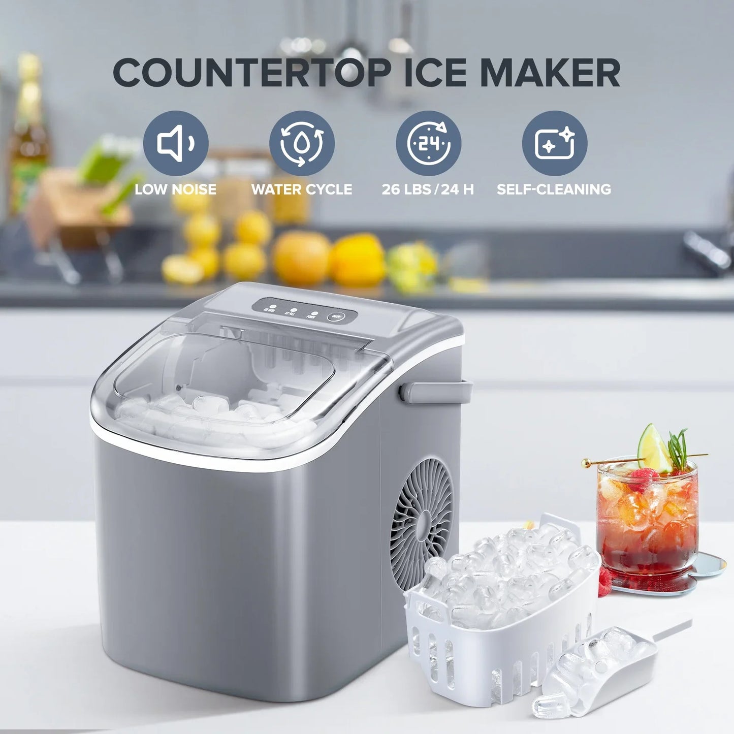 Auseo Countertop Ice Maker, Portable Ice Machine with Self-Cleaning, 26Lbs/24H, 9 Ice Cubes Ready in 6 Mins, for Home/Kitchen/Bar, Platinum Grey