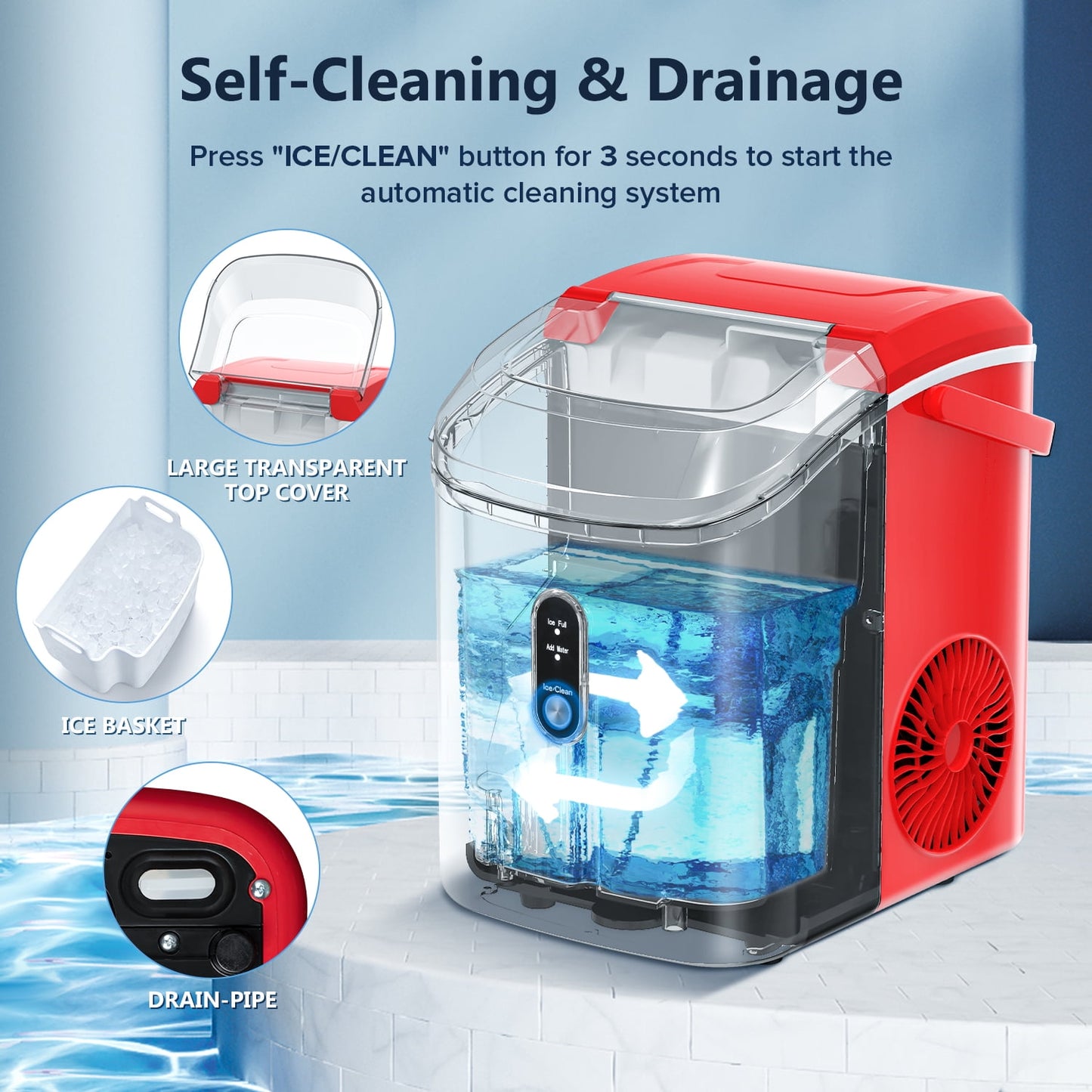 Auseo Nugget Ice Maker Countertop with Soft Chewable Pellet Ice, 35lbs/24H, Self-Cleaning, Sonic Ice Machine for Kitchen/Office/Party-RED