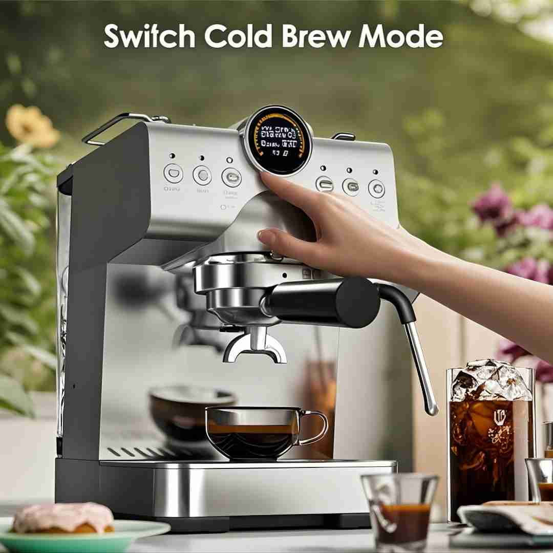 Auseo Pro Espresso Machine with Cold Brew & Milk Frother, 20-Bar Pressure Coffee Maker, Smart LED Display & Compact Stainless Steel Design for Lattes/Cappuccinos