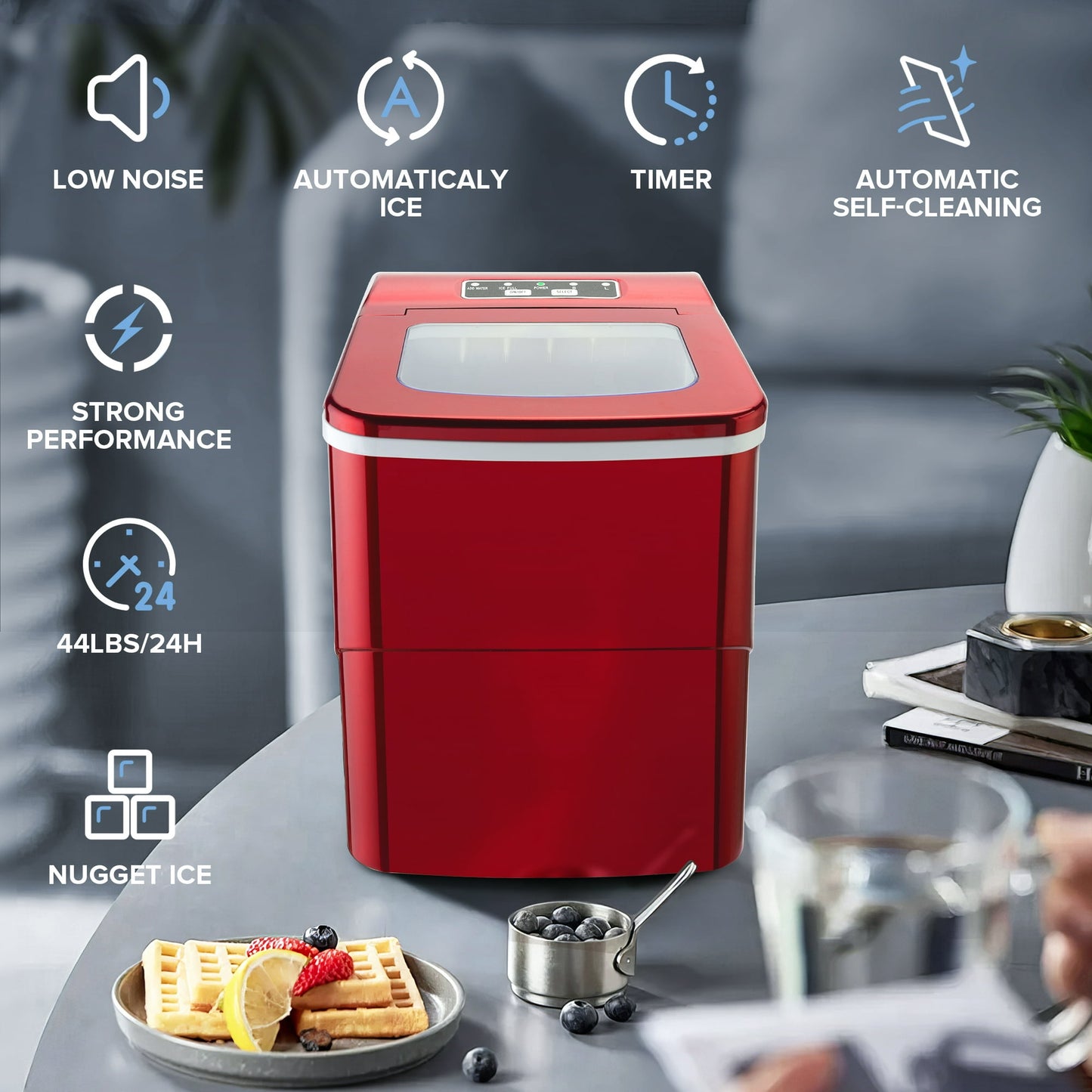 Auseo Ice Makers Countertop, Ice Machine with Handle, 26lbs/24H, 9 Cubes Ready in 6 Mins, Self-Cleaning Portable Ice Maker, for Party/Home/Office - (Red)