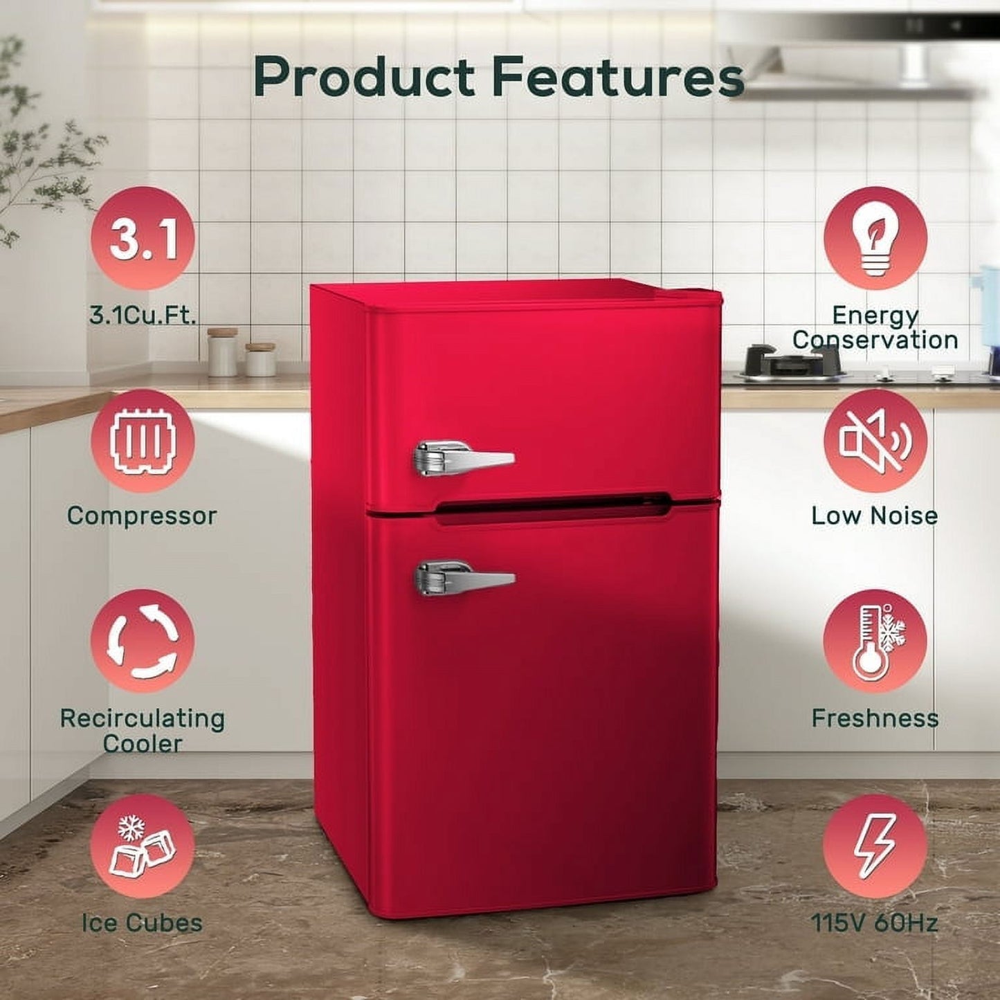 Auseo Mini Fridge 3.1Cu.ft 115 Volt 60 Hz AC Low Noise Adjustable Temperature Suitable for Kitchen Living Room Office and Dormitory Red