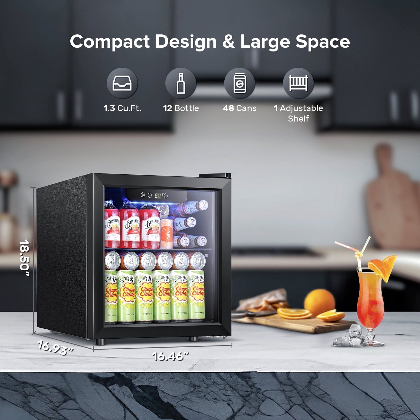 Auseo 1.3 Cu.ft. Mini Beverage Refrigerator Cooler - 55 Can &12 Bottle Mini Fridge with Double Glass Door, for Home/Bar/Office, Electronic touch control