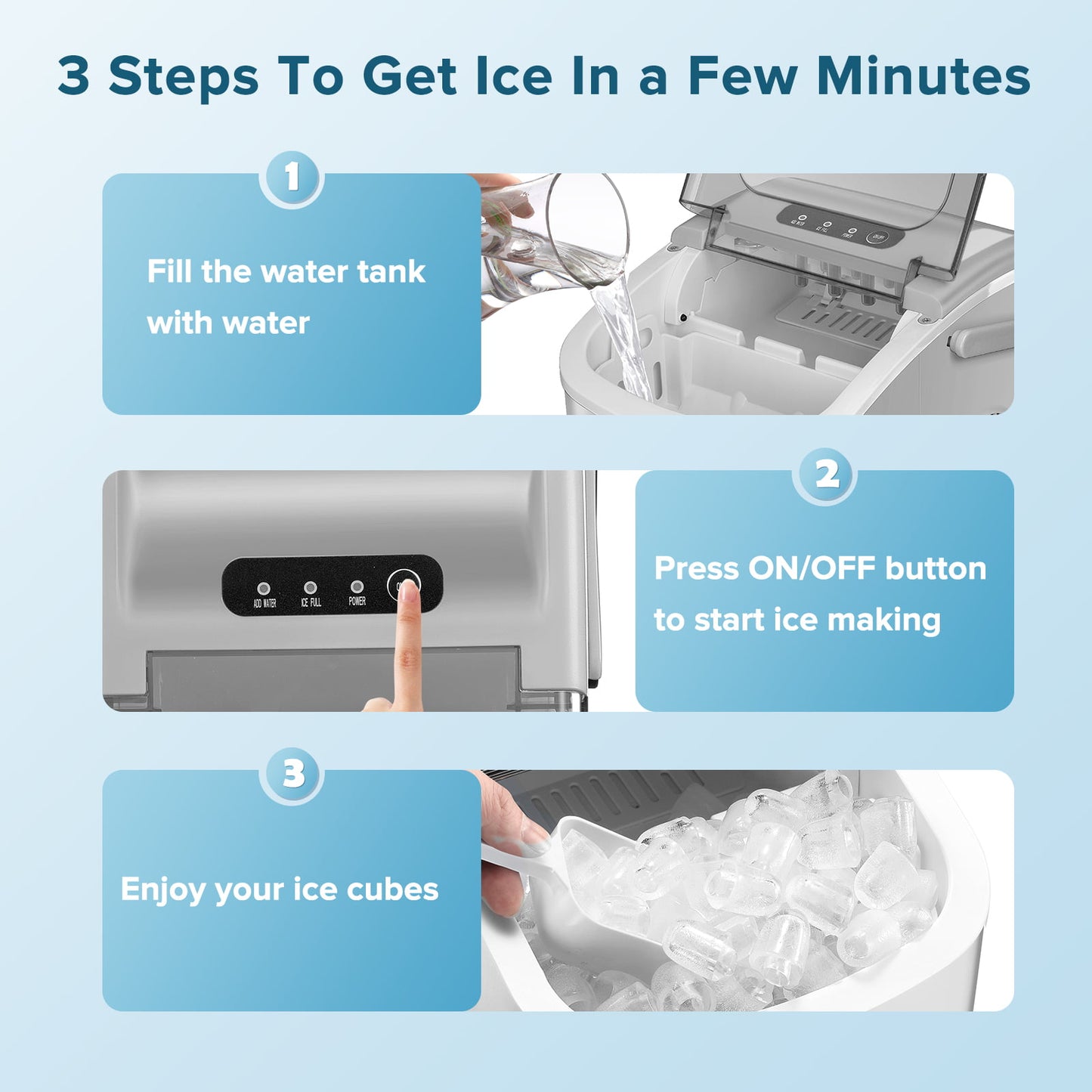 Auseo Portable Ice Maker, 26lbs/24H, 9Pcs/8Mins, Self-Cleaning, for Kitchen/Office/Bar/Party(Grey)