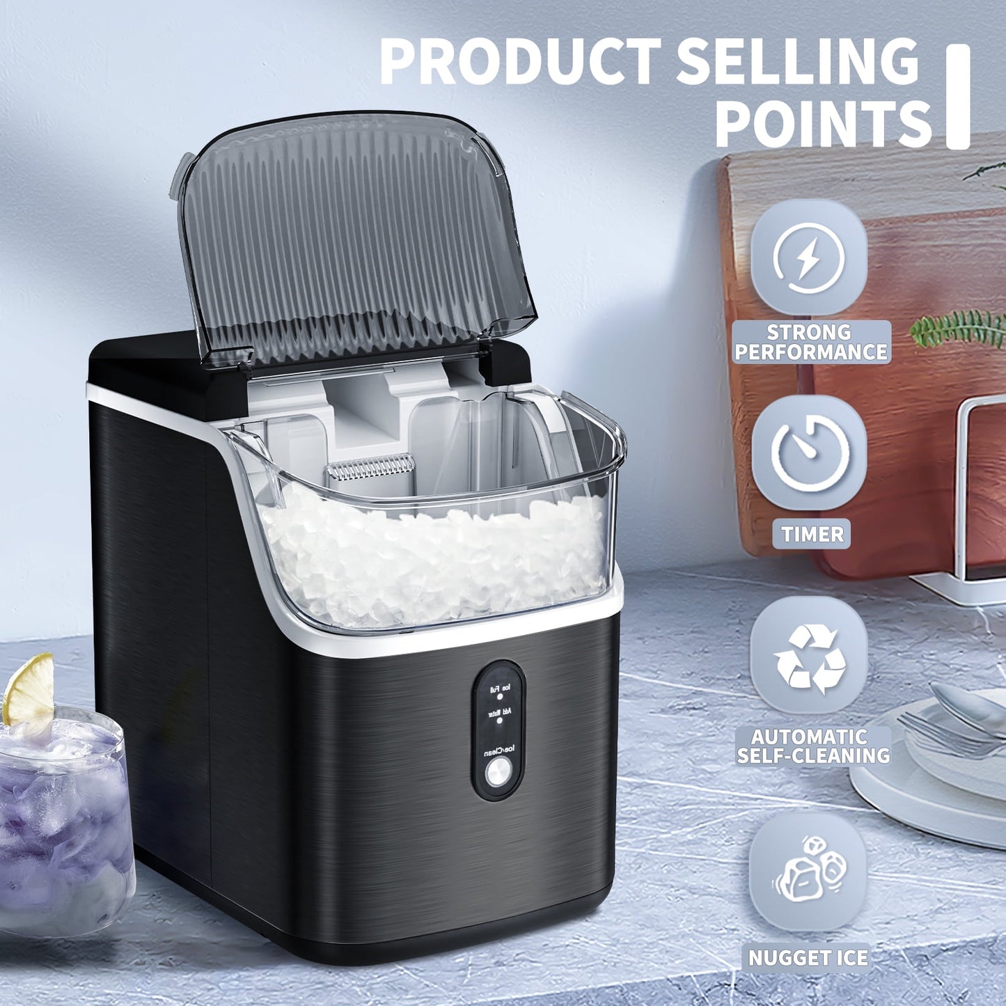 Auseo Nugget Ice Maker Countertop, Portable Ice Maker Machine with Self-Cleaning Function, 35lbs/24H, Easy Operation, Pellet Ice Maker for Home/Kitchen/Office/Party-Black