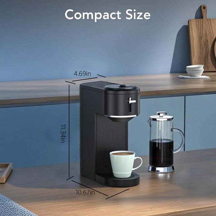 Auseo Single Serve Coffee Maker for Capsules & Grounds, 5 Brew Sizes (6-14 Oz), Adjustable Height, Compact Design, Fast & Easy Cleaning, Perfect for Home/Office/Travel, Black