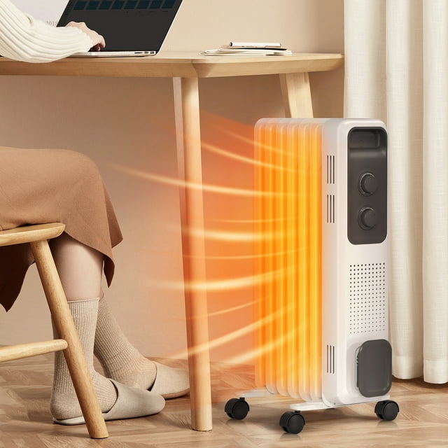 Auseo 1200W Electric Oil Filled Radiator Space Heater, Temperature Regulation, Safety Protection, Cord Storage, White