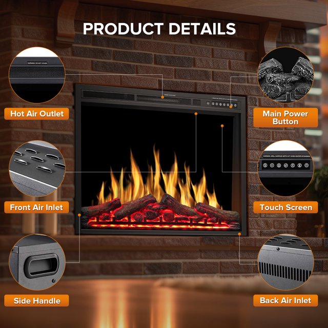 Auseo 34 Inch Electric Fireplace Insert, Three 3D Color, Timer&Remot Control, Adjustable Flame Speed, Touch Screen, 750W/1500W
