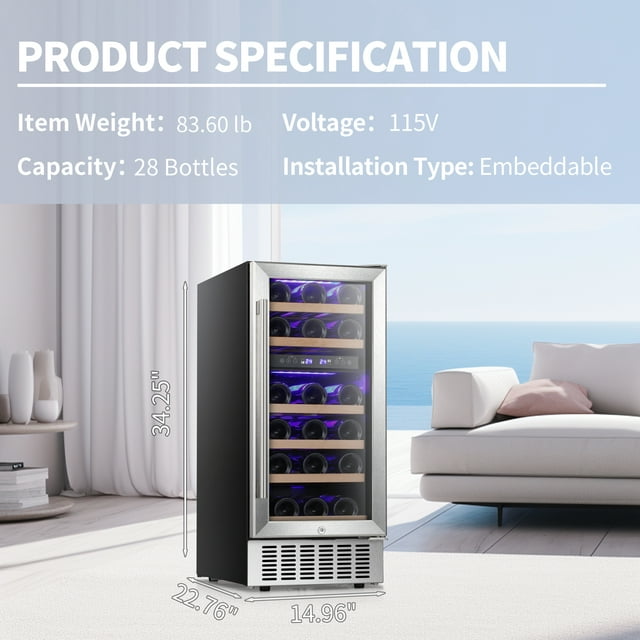 Auseo 15" Wine Cooler, Freestanding Beverage Refrigerator, 28 Bottle, Stainless Steel, Double Tempered, Glass Door