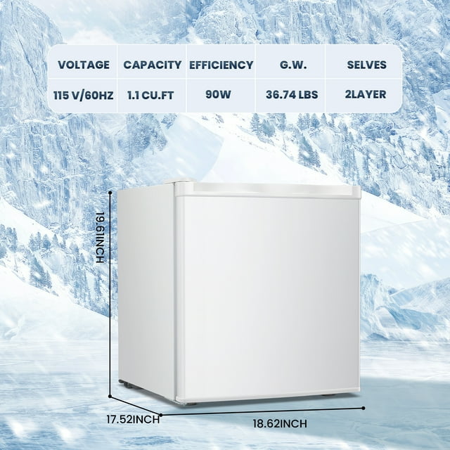 Auseo 1.1 Cu.ft Compact Upright Freezer with Reversible Single Door, Removable Shelves Free Standing Mini Freezer with Adjustable Thermostat for Home/Kitchen/Office-White