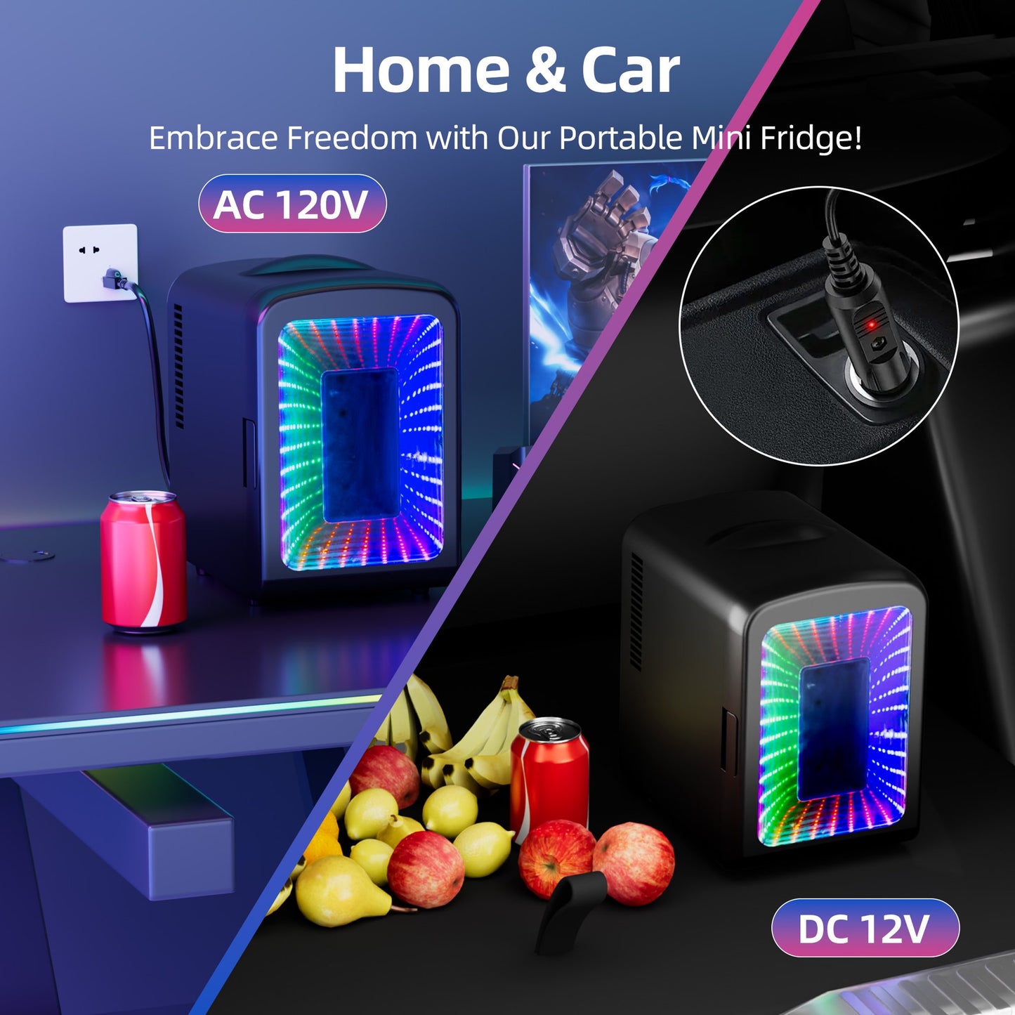 Auseo 4L Mini Fridge Personal with LED, Portable Cooler & Warmer for Bedroom, Office, Car, Small Refrigerator for Skincare, Drinks & Gaming Room, AC/DC Powered, Black
