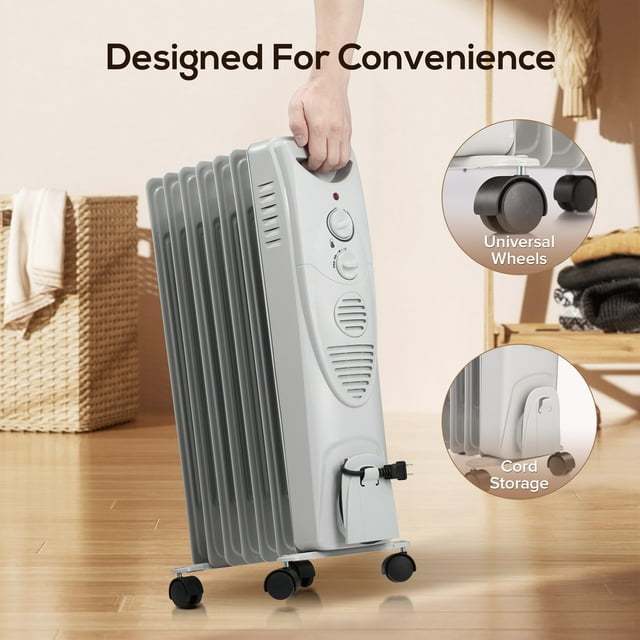 Auseo Electric Oil Filled Radiator Space Heater, Thermostat Room Radiant, Room Heater, White
