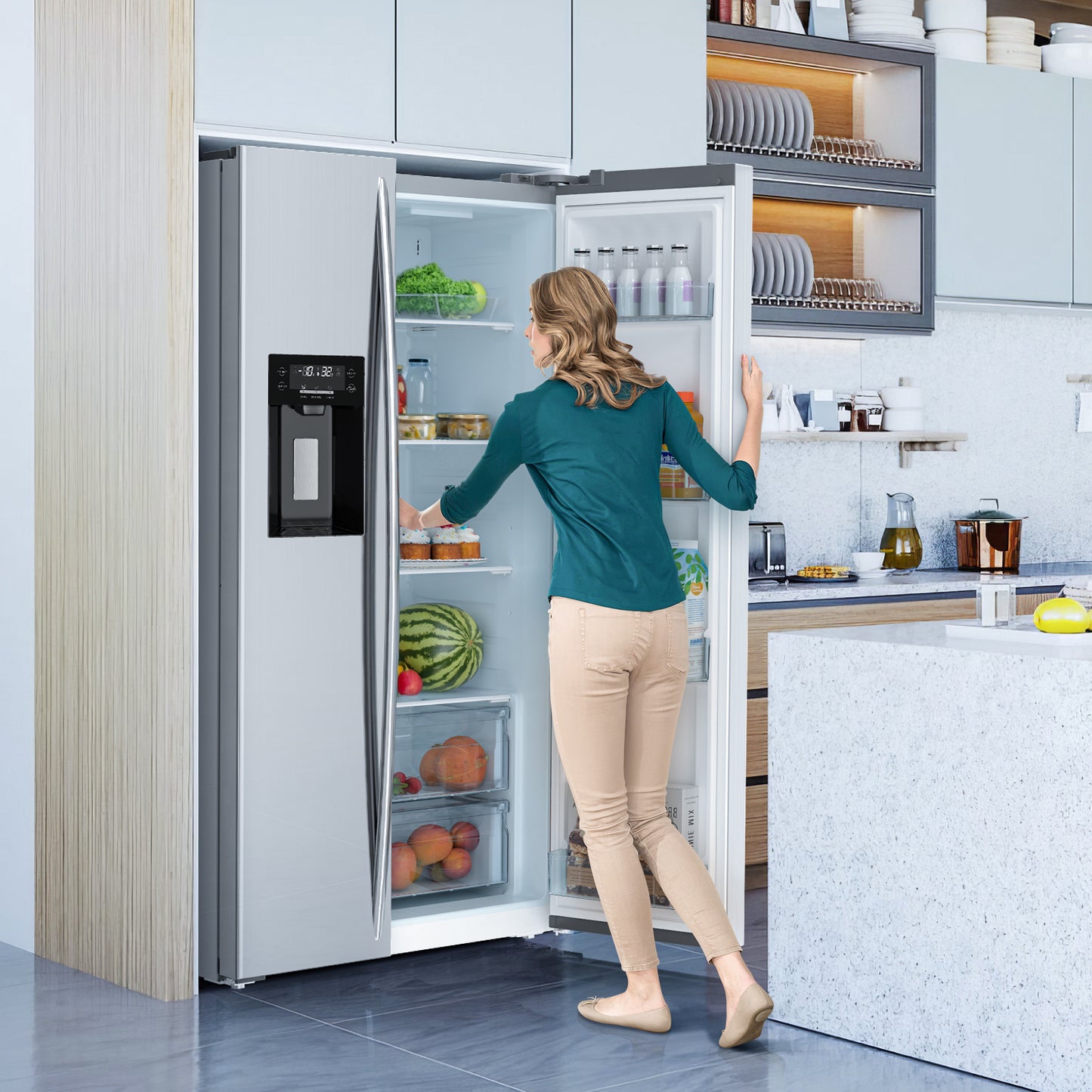 Auseo 21 Cu.ft. 36" Depth French Door Refrigerator with Ice & Water Dispenser, Auto Defrost, Gray Stainless Steel